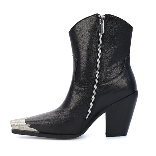 Image of Cowboy Ankle Boots for Women Engraved Steel Toe Cowgirl Boots Stacked Block Heels Short Cowboy Boot Fashion Dressy Western Country Booties