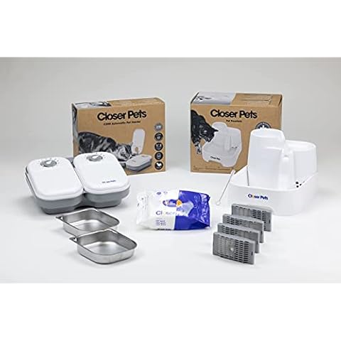 The Get Closer Pack - Bundle For New Cat and Small Dog Owners, Pet Fountain, Pet Feeder with Stainless Steel Bowl Inserts, Pet Fountain Maintenance Kit, Ice Pack, Pet Wet Wipes Cover