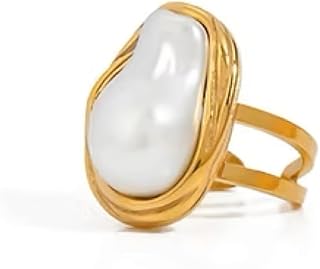 Ellen Ring 14K Gold Plated Elegant Irregular Baroque Chunky Pearl Ring - Bougie Old Money Influencer Collection - Adjustable Size for Women Her Statement Jewelry