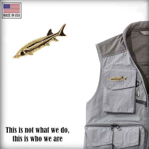 Sturgeon, Fish Pin, Gold Plated, FG087, 2 1/2”, Rivers, Saltwater, Fishing, Lapel Pin, Hat, Pins, Brooch, Jewelry, Gift, 100% Handmade in the USA, 200 Fish Designs Available.