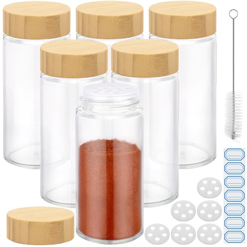 Segarty 4oz Spice Jars with Bamboo Shaker Lids, 6 PCS 120ml Round Condiment Containers, Empty Glass Seasoning Organizers Spices Cereal Storage Set, Salt and Pepper Shakers with 7 Stickers and 1 Brush