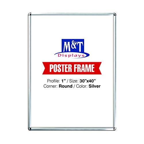 M&T Displays Snap Poster Frame 30X40 Inch Silver 1" Aluminum Profile Front Loading Wall Mounting Photo Picture Document Certificate Sign Holder Round Corner Anti Glare Cover #TOP11