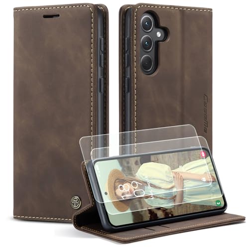 Yihaoyard Funda para Samsung Galaxy A35 5G Carcasa de Cuero Funda con Tapa Magnética Cartera Protector Flip Protección Case para Samsung Galaxy A35 2 Protector Pantalla (Café)