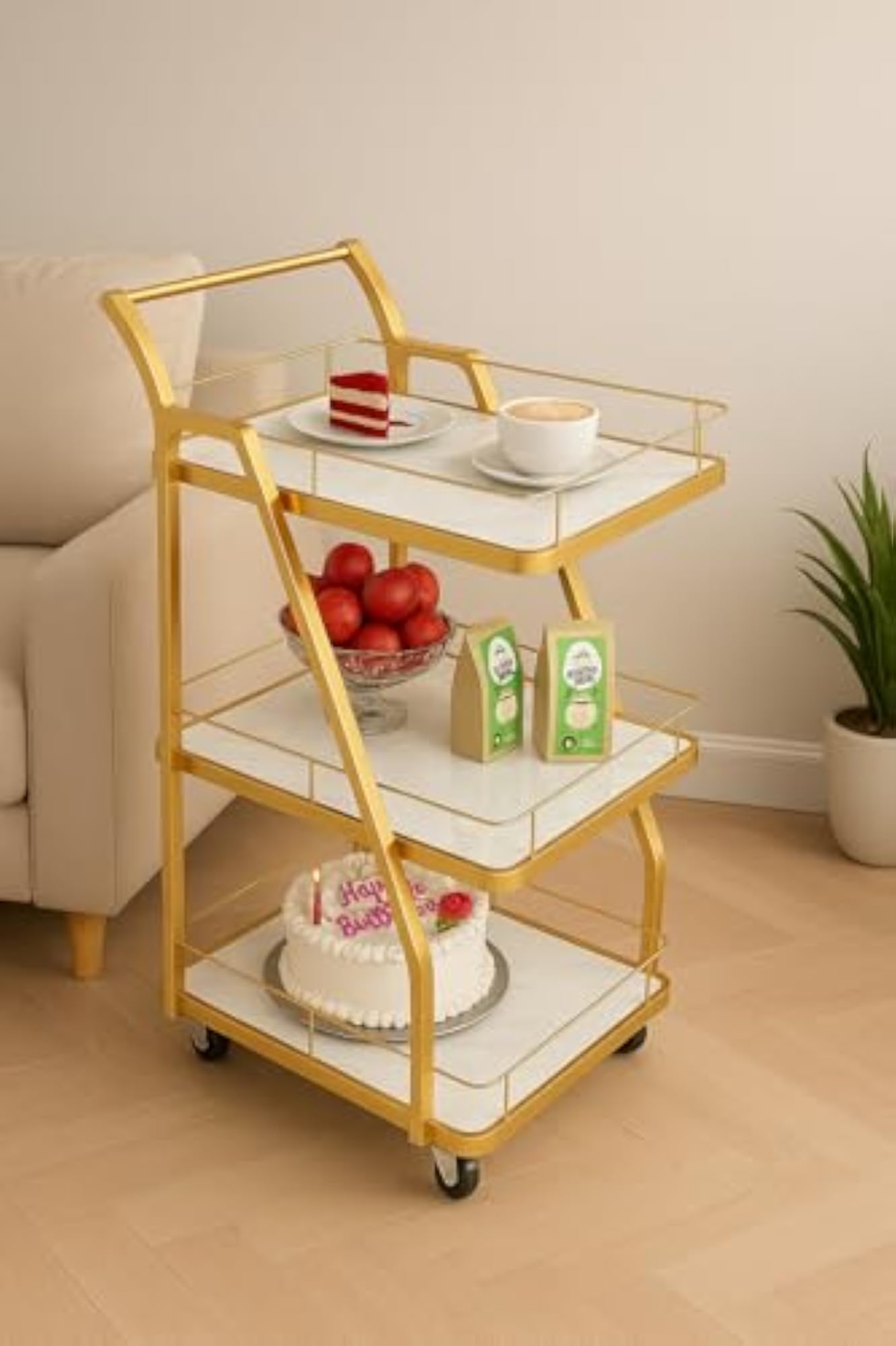 Luxury 3-Tier Serving Trolley Cart with Golden Frame