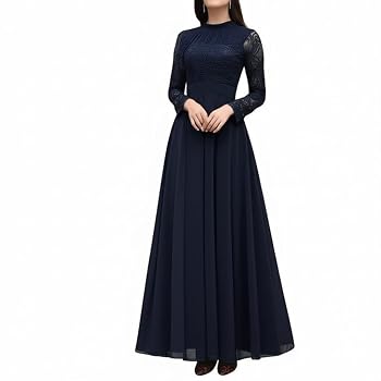 Women's Long Sleeve Chiffon Lace Long Dress Elegant High Collar Navy Blue