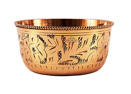 INDIAN ART VILLA Pure Brass Engraved Design Flat Bottom Bowl, Decorative Dinnerware, Tableware and Serveware for Home Hotel Restaurant, Volume-100 ml, Set of 2