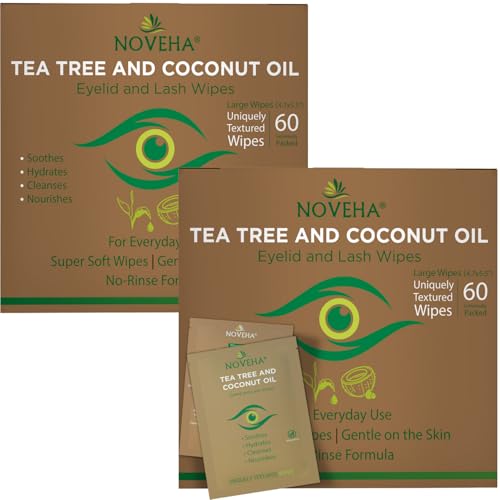 Image of NOVEHA 120PCs Tea Tree & Coconut Oil Eyelid & Lash Wipes - For Demodex, Blepharitis & Itchy Eyes, Individually Wrapped Eyelash Wipes With Aloe Vera, Natural Makeup Remover & Daily Eye Cleanser - 2pack