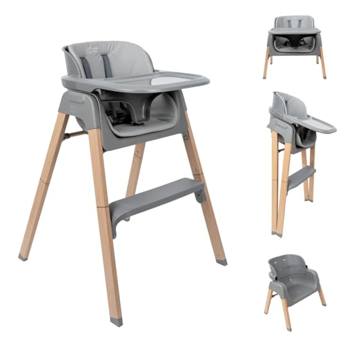DEVESSPORT Trona 2 en 1 Plegable y Evolutiva (6 a 60 Meses) - Silla Alta Convertible con Montaje Sin Herramientas, Bandeja Extraíble, Cojín Lavable y Estructura de Acero Lacado - Gris