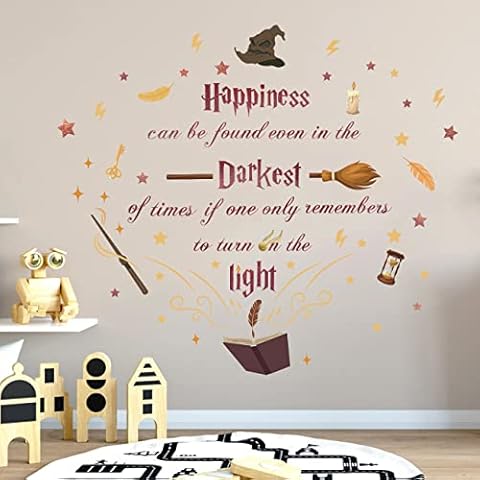 KAIRNE Magical Inspirational Quotes Wall Stickers for Kid Bedroom,Happiness can be Found Even in the Darkest of Time Wall Art for Reading Corner Decoration, Golden Snitch Magic Book Feather Wall Decal Cover