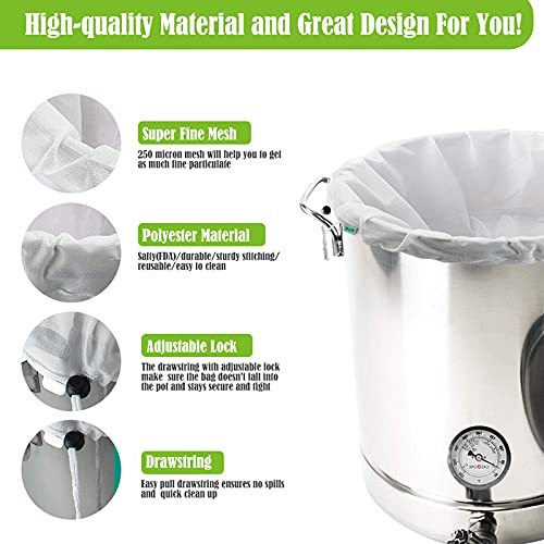 Kychaimus Brew Bags Reusable 2Pcs Straining Mesh Bag For Fruit Wine Cider Press Apple Grape Filter Bag Drawstring Brew In A Bag 250 Micron (White, 5~8Gallaon/2Pcs) #TOP6