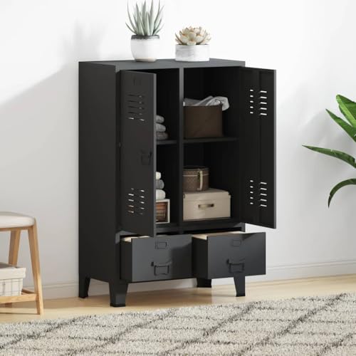 Teenpull Armario de estilo industrial antracita de acero con 2 estantes y cajones, 67 x 35 x 107 cm, espacio de almacenamiento para dormitorio, habitación infantil, dormitorio juvenil y vestidor
