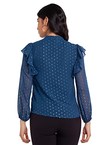 Image of Zink London Women's Blue Shimmer Ruffles Top