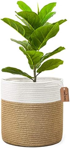 TIMEYARD Jute Rope Plant Basket Large Modern Woven Basket for 11'' Flower Pot Floor Indoor Planters, 12''x12'' Storage Basket Rustic Home Decor White and Jute