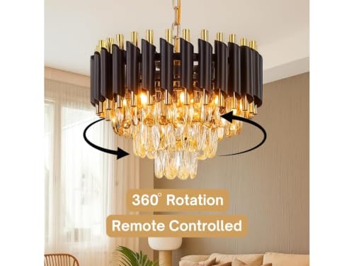 Image of Modern Black & Gold Crystal Moving Chandelier, 300mm (30 Cm. (11.8 Inch) Round LED Pendant Light with Remote Control, Multicolour changing ,Luxury Contemporary Ceiling Light Fixture For decoration A