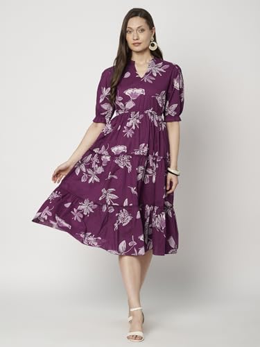 Image of PIDAVLIYA'S Women's Floral Summer Maxi Dress I Cotton Printed I One Piece Bodycon Midi Dress with V-Neck, Puffed Sleeves