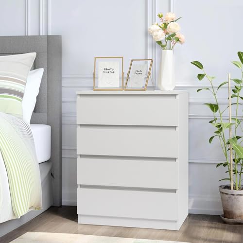 LEADZM Kommode Schlafzimmer Kommode mit 4 Geräumige Schubladen, für minimalistische Innenräume, Wohnzimmer, Schlafzimmer, Flur, Schrank, Sideboard, Highboard, viel Stauraum,Weiß (Weiß, 4 Schubladen)