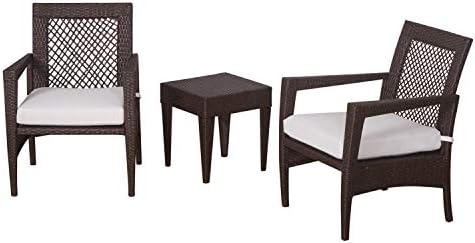 Auro Brisbane Outdoor Furniture | 3 Piece Rattan Patio Set | All-Weather Brown Wicker Bistro Set with 2 Water Resistant Olefin Cushioned Chairs & End Table | Porch, Backyard, Pool, Garden (Off White)