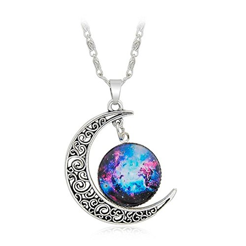 Galaxy & Crescent Cosmic Purple Moon Pendant Necklace, Blue Glass, 17.5'' Chain, Great Gift for Women