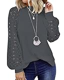 WNEEDU Langarm T Shirt für Damen lässiges Spitzentop Waffel Strick Damen blusen Dunkelgrau 2XL