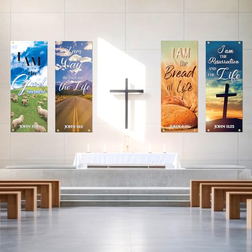 FuWeave 4 Pcs Church Banners for Sanctuary- I Am The Good Shepherd/way/bread/resurrection Christian Banners for Church Wall, Religious Praise Worship Bible Signs for Event, Prayers, Festivals