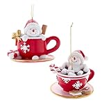 The Bridge Collection Set of 2 Snowmen in Mugs of Hot Chocolate Ornaments - 3.5" Snowman in Coffee Mug Hot Tub Christmas Ornament with Peppermint Candy Cane Accents
