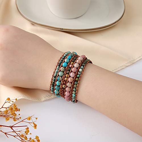 Women Boho 5 Wraps Bracelet Natural Rhodonite Picasso Jasper Turquoise Stone Strand Bracelet Jewlery #TOP1