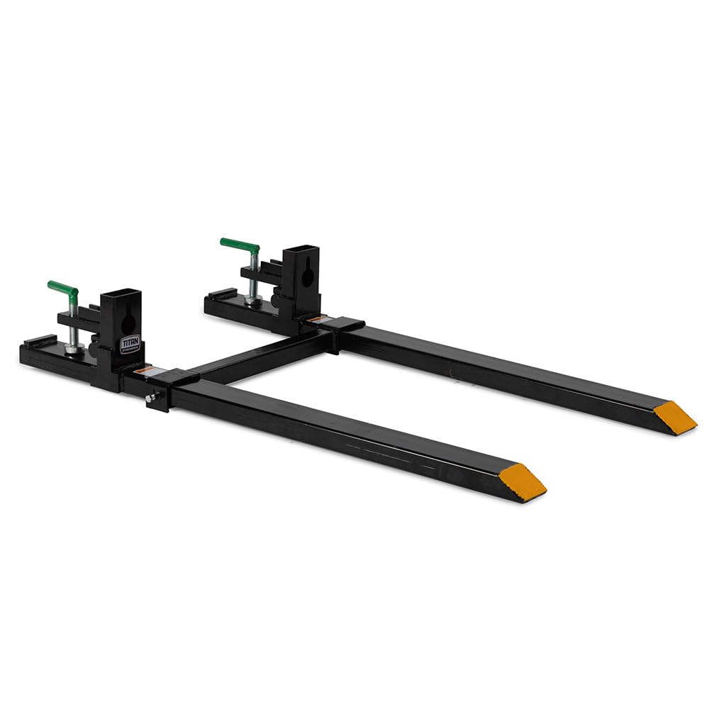 Titan Attachments Medium-Duty 60" Clamp-on Pallet Forks with Adjustable Stabilizer Bar, 46" x 4" Fork Length, Rated 4,000 LB, Easy to Install on Loader or Skid Steer Bucket