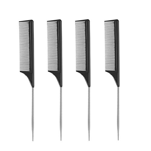 4x Carbon Fibre Comb, Rat Tail Hair Comb with Stainless Steel Pin, Steel Pin Heat Resistant Comb, Professional Sectioning Tail Comb, Salon Hair Cutting Anti-static Styling Teasing Comb (Black)