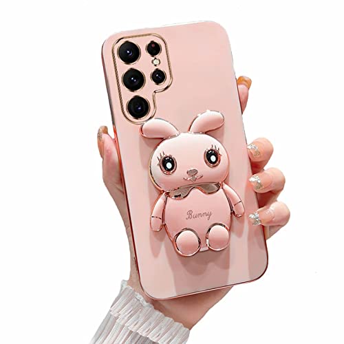 TTVV Miagon Lapin Support Coque pour Samsung Galaxy S21 Ultra,Galvanisé Ultra Mince Étui Housse de Protection Anti-Rayures avec Bunny Béquille Stand