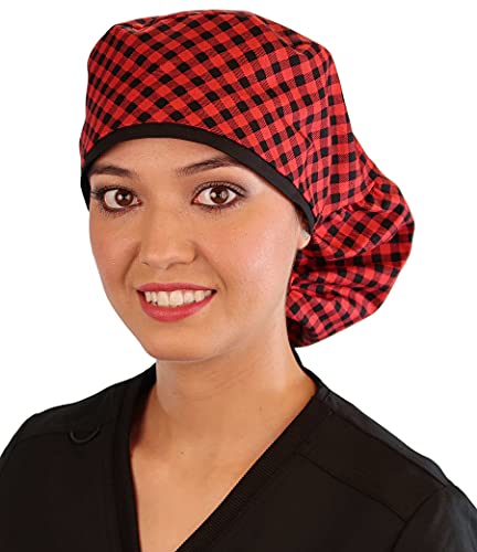 Sparkling Earth - Buffalo Check With Black Ties - Big Big Hair Ponytail Classic Surgical Style Scrub Working Cap - Made In The Usa! #TOP2