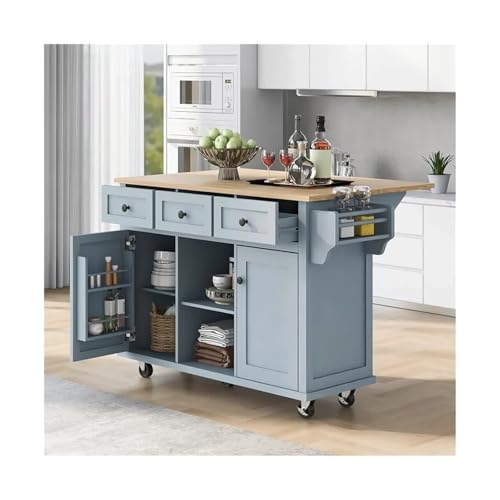 Mobile Kitchen Rage - Carrito de madera de goma con ruedas, carrito de cocina versátil para nización del hogar y ahorro de espacio, acabado azul