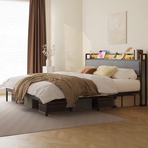 Image of LIKIMIO California King Bed Frame with Storage Headboard & LED Lights, Metal Platform Bed with Charging Station, Noise Free, No Box Spring Needed, Under Bed Storage, Charcoal Gray