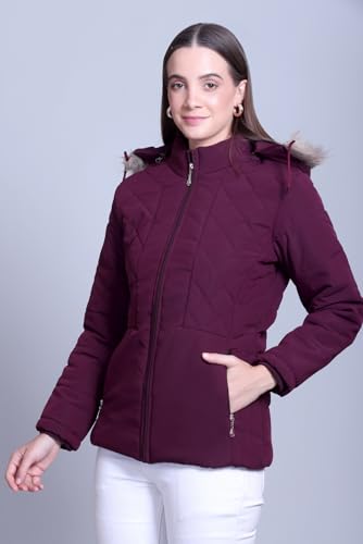 Image of Women's Quilted Winter Puffer Jacket with Fur Hood, Plum Purple, Full Zip