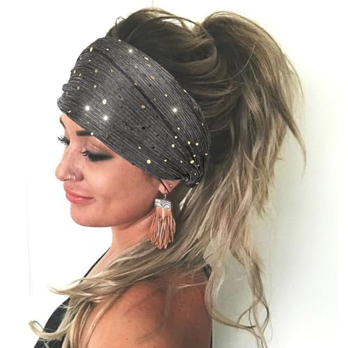 CAKURE Sequin Wide Headband Black Turban Headbands African Glitter Head Wraps Stretchy Bling Hair Wraps Hair Bands Yoga Running Sport Hair Accessories for Women and Girls
