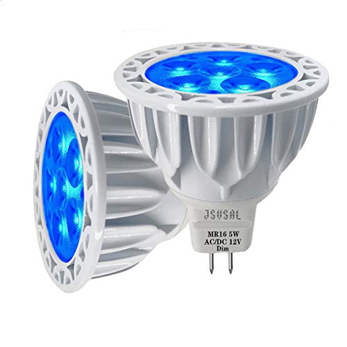 JSVSAL Paquete de 2 bombillas LED con base bimpines, regulables, color azul, MR16 GU5.3, 5 W, 50 W, halógeno equivalente, AC/DC 12 V de bajo voltaje, 40 grados para iluminación de paisaje, jardín.