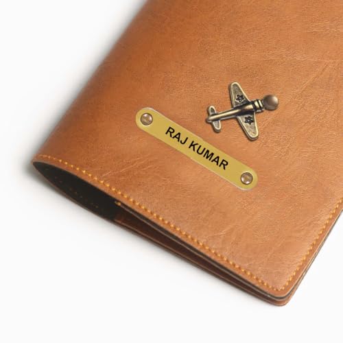 Image of ncgifts Customised Leather Passport Holder: Personalised Name & Charm for Men & Women - Unique Travel Gift, Document Organiser, Boarding Pass Holder, Customised Gifts for Men & Women (Tan)