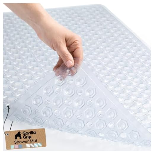 GORILLA GRIP Patented Bath Tub Shower Mat, Machine Washable Bathtub Floor Liner Mats, Suction Cups and Drain Holes to Keep Tubs Clean, Bathroom Essentials, 35x16 Inch, Clear