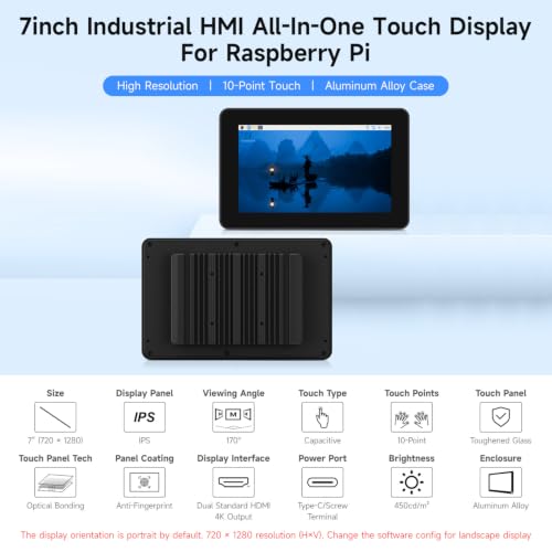 Image of waveshare 7inch 720 x 1280 Industrial HMI Pi4 All-in-one Touch Display, Built-in Raspberry Pi 5-4GB, Dual 4K HDMI Output, 10-Point Touch, Optical Bonding, Aluminum Alloy Case for Heat Dissipation