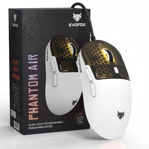 EvoFox Phantom Air Ultra Lightweight Gaming Mouse 54g | Upto 1000Hz Polling Rate, 7000 FPS, 12800 DPI | Honeycomb RGB Lighting | Fully Programmable with Windows Software & On-Board Memory | White view 1