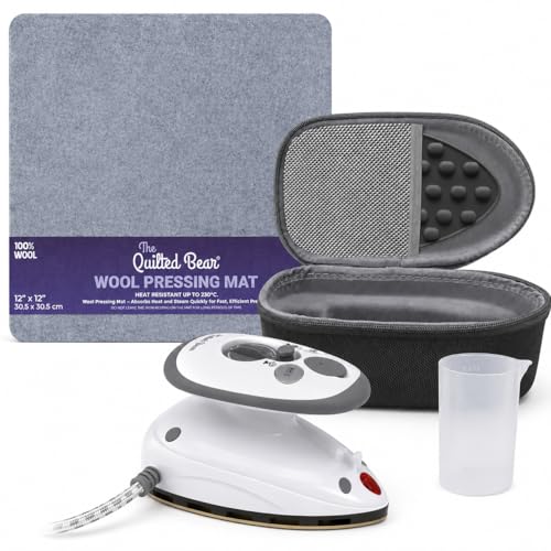 The Quilted Bear Premium Quilter's Mini Iron Bundle - Wool Pressing Mat and Mini Iron - Compact Ironing Set for Quilting, Sewing, Patchwork, Appliqué, Dressmaking and Travel (Black) option