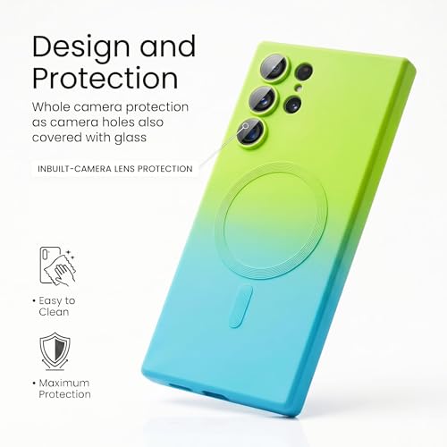 Image of amazon basics Gradient Mag-Safe Case for Samsung Galaxy S22 Ultra | Soft Silicone Shockproof Cover with Camera Protection | Slim Lightweight Design | Smooth Touch & Durable - Green & Blue