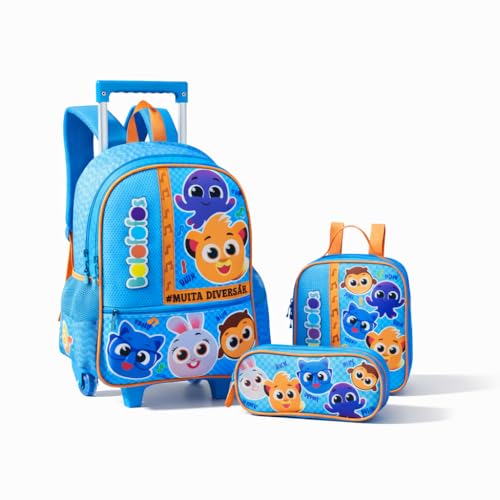 Kit Mochila de Rodinha Escolar Infantil De Personagem Animado Bolofofos 3 Peças Lancheira e Estojo