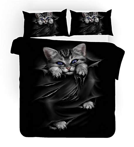 Housse de couette chat gris 140x200 microfibre avec 2 taies d'oreiller - 4