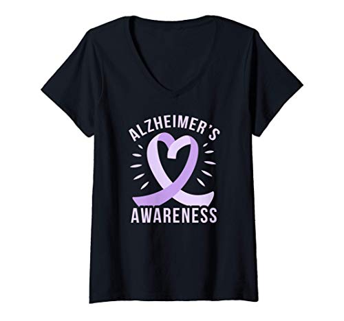 Mujer ALZHEIMER'S AWARENESS PURPLE RIBBON Memory Loss Walk Meme Camiseta Cuello V