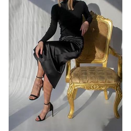 Women Satin Midi Skirt High Waist Silk Ruffle Hem Long Skirts for Women3