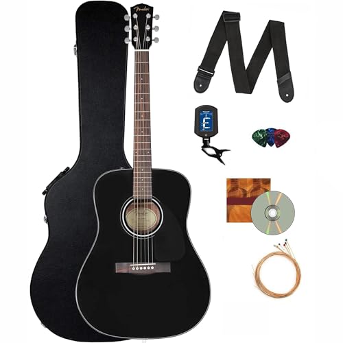 Fender CD-60 Dreadnought Acoustic Guitar - Black Bundle with Hard Case, Strap, Tuner, Strings, Picks, Instructional Book, Online Lessons, and Austin Bazaar Instructional DVD