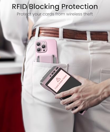 Tarjetero de cuero rosa con soporte MagSafe ideal para viajar ligero con iPhone 15 6