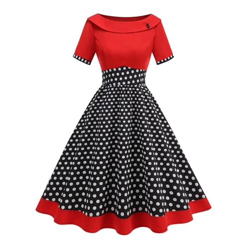 Image of Women's Boat Neck Polka Dot Cocktail Midi Dress Vintage Retro 1950s Style Swing Tea Length Wedding Guest Party Dresses