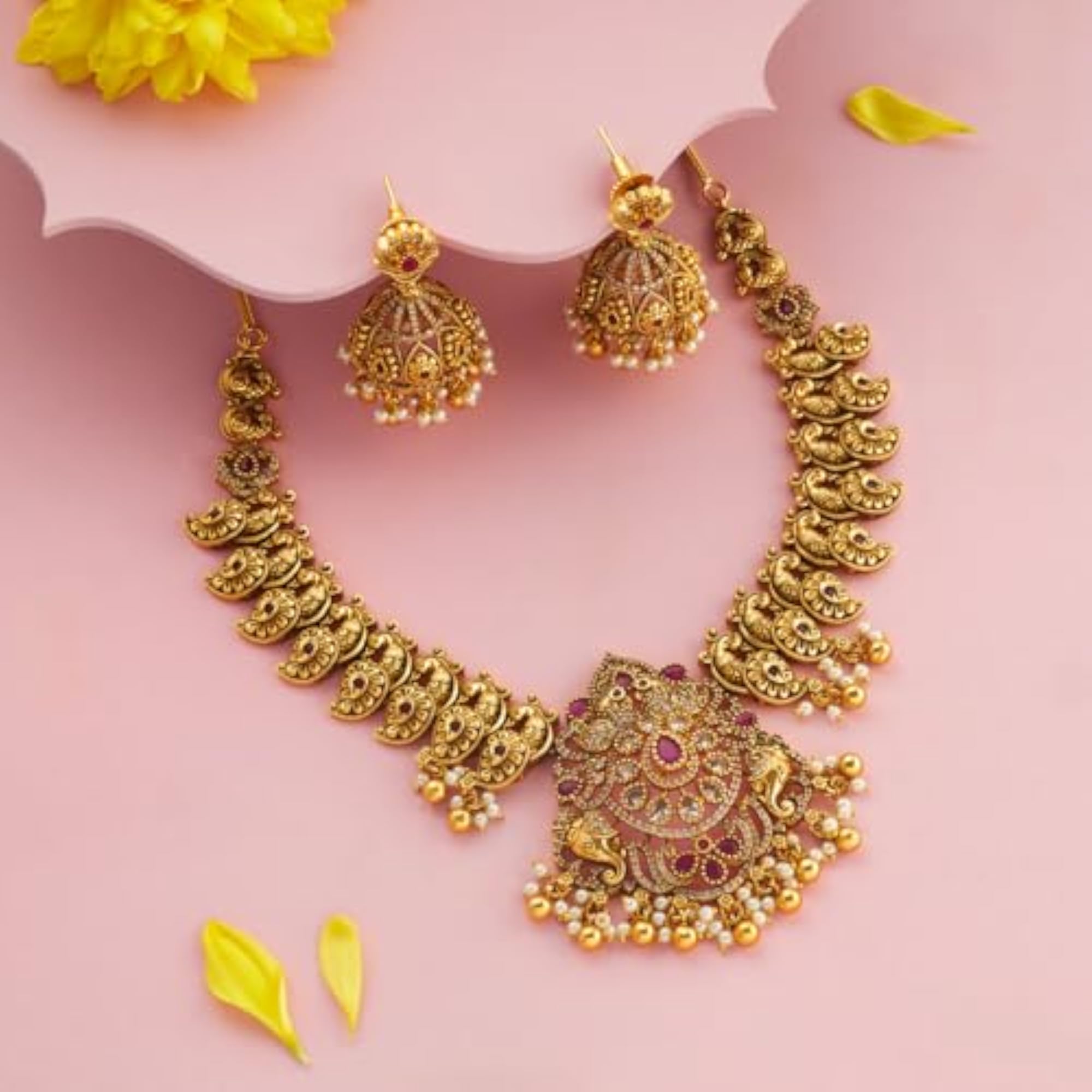 KUSHAL'S Ruby Gold Plated Antique Necklace Set with Jhumka Earrings