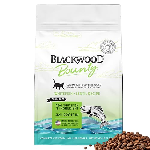 Image of Blackwood Bounty Dry Cat Food, Whitefish & Lentil Recipe for All Life Stages, 4.5 Pound Bag, High Protein, Grain Free